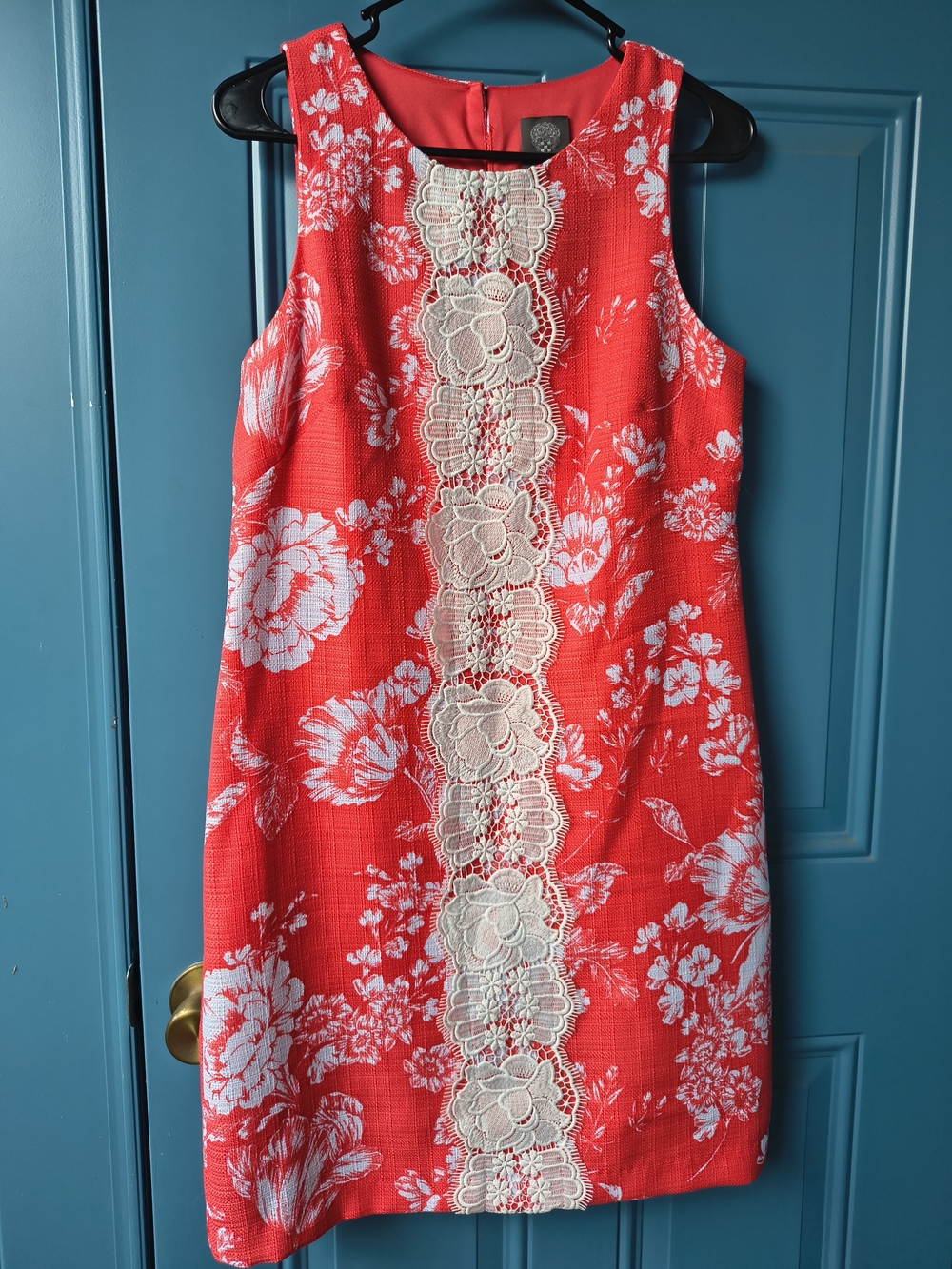 Vince Camuto Orange and White Floral Lace-Trim Shift Dress